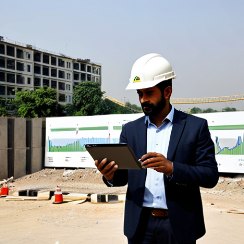 A professional acoustic engineer, wearing a modest business suit and a safety vest, stands calmly at an urban construction site in Lahore. The background features a partially constructed noise barrier alongside a busy road, with modern office buildings and residential areas visible in the distance. The engineer holds a tablet displaying a sound measurement graph, conveying a sense of environmental responsibility and calm. Safe for work, appropriate content, fully clothed, professional, perfect anatomy, correct proportions, natural pose, well-formed hands, proper finger count, natural body proportions, professional photography, high quality, realistic.