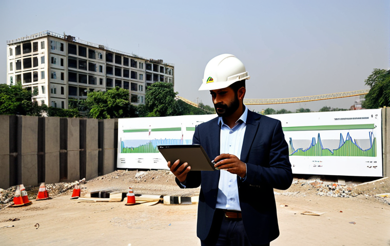 A professional acoustic engineer, wearing a modest business suit and a safety vest, stands calmly at an urban construction site in Lahore. The background features a partially constructed noise barrier alongside a busy road, with modern office buildings and residential areas visible in the distance. The engineer holds a tablet displaying a sound measurement graph, conveying a sense of environmental responsibility and calm. Safe for work, appropriate content, fully clothed, professional, perfect anatomy, correct proportions, natural pose, well-formed hands, proper finger count, natural body proportions, professional photography, high quality, realistic.