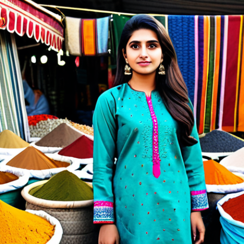 **

"A professional young woman in a modest, colorful shalwar kameez, standing confidently in front of a vibrant Pakistani marketplace. The background features stalls overflowing with textiles, spices, and handicrafts. Fully clothed, appropriate attire, safe for work, perfect anatomy, natural proportions, professional photography, high quality, family-friendly."

**