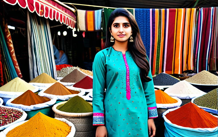 **

"A professional young woman in a modest, colorful shalwar kameez, standing confidently in front of a vibrant Pakistani marketplace. The background features stalls overflowing with textiles, spices, and handicrafts. Fully clothed, appropriate attire, safe for work, perfect anatomy, natural proportions, professional photography, high quality, family-friendly."

**