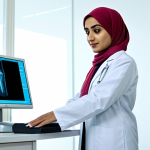**

"A female Pakistani doctor in a clean, modern clinic, wearing a white coat and hijab, examining an X-ray. Background includes medical equipment and a friendly atmosphere. Appropriate attire, fully clothed, safe for work, professional, perfect anatomy, natural proportions, high quality."

**